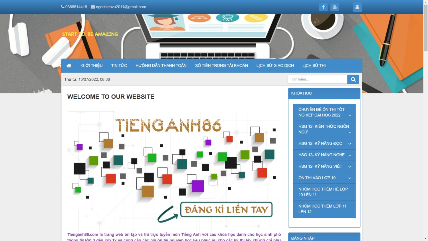Giao diện website mẫu của TiengAnh86